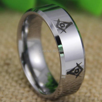 Shiny Silver Bevel The New Freemason Masonic Mens Tungsten Wedding Ring - The Jewellery Supermarket